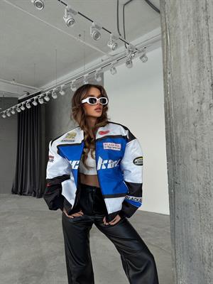 Streetwear Unisex İçi Astarlı Vintage Blackair  Mavi Yarışçı Bomber Ceket