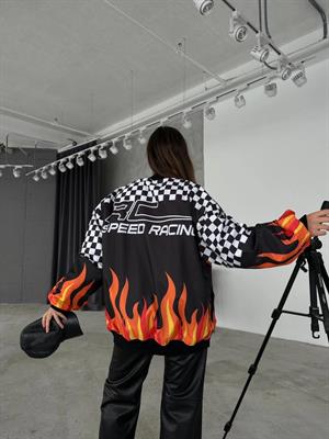 Streetwear Unisex İçi Astarlı Vintage Flame Yarışçı Bomber Ceket