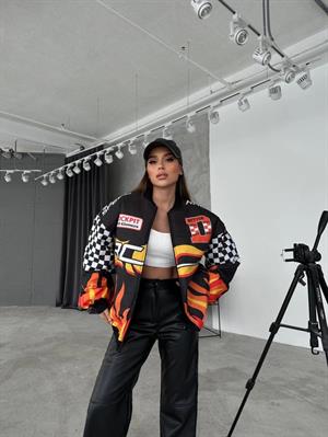 Streetwear Unisex İçi Astarlı Vintage Flame Yarışçı Bomber Ceket
