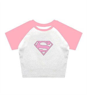 Super Girl Baskılı Reglan Kol Beyaz Crop