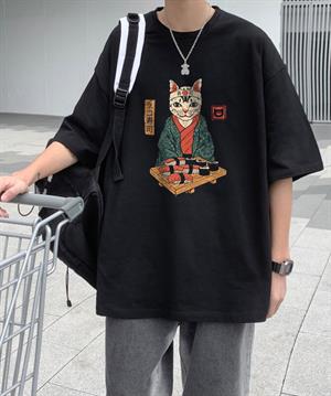Sushi Cat Siyah Unisex Oversize T-shirt