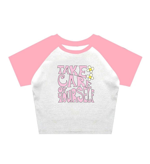 Take Care Of Yourself Baskılı Reglan Kol Beyaz Crop