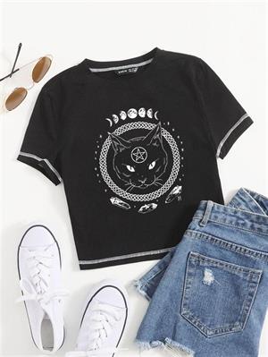 Tarot Cat Baskılı Ters Dikiş Siyah Crop