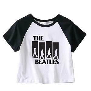 The Beatles Baskılı Reglan Kol Beyaz Crop