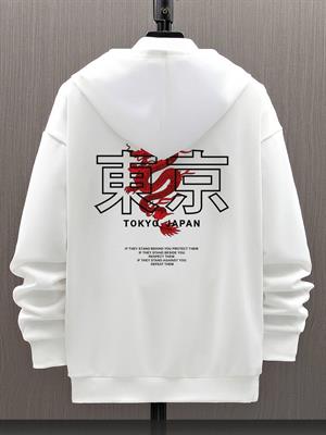 Tokyo Baskılı Kapşonlu Beyaz Sweatshirt 