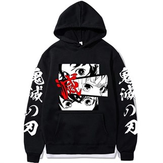 Touz Anime Demon Slayer Eyes Siyah Kapşonlu Sweetshirt Hoodie