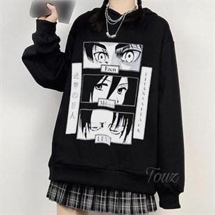 Touz Attack On Titan Eyes Siyah Kapşonlu Sweetshirt