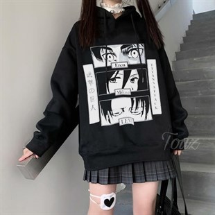 Touz Attack On Titan Eyes Siyah Kapşonlu Sweetshirt