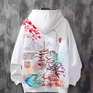 Touz Beyaz Harajuku Kanji Wonderland (Unisex) Kapşonlu