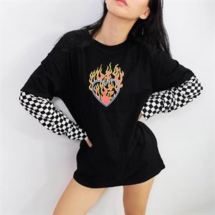 Touz Burning Heart Unisex Damalı Kollu T-shirt