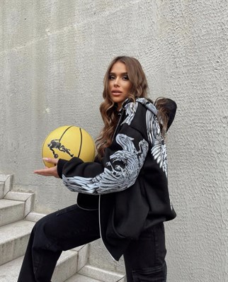 Touz Gothic Skull Kapüşonlu Fermuarlı Oversize Sweatshirt