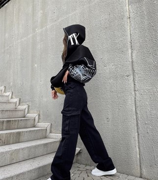 Touz Gothic Spider Web Kapüşonlu Fermuarlı Oversize Sweatshirt