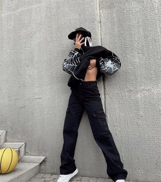 Touz Gothic Spider Web Kapüşonlu Fermuarlı Oversize Sweatshirt