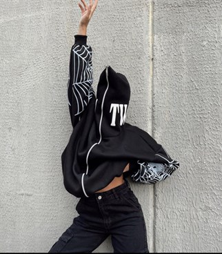 Touz Gothic Spider Web Kapüşonlu Fermuarlı Oversize Sweatshirt
