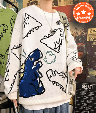 Touz Harajuku Bej Dinosarus Oversize Unisex Kazak