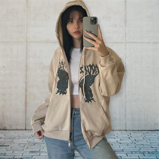 Touz Harajuku Butterfly Krem (Unisex) Fermuarlı Kapşonlu