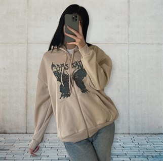 Touz Harajuku Butterfly Krem (Unisex) Fermuarlı Kapşonlu