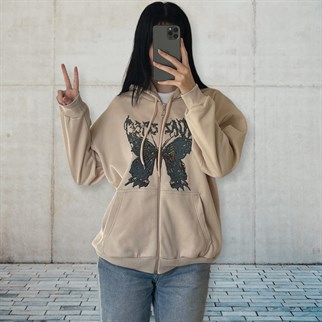 Touz Harajuku Butterfly Krem (Unisex) Fermuarlı Kapşonlu