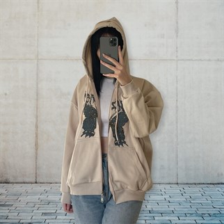 Touz Harajuku Butterfly Krem (Unisex) Fermuarlı Kapşonlu