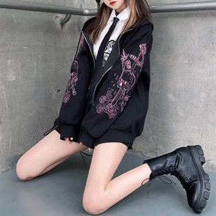 Touz Harajuku Kawaii Pastel Gothic Siyah (Unisex) Fermuarlı Kapşonlu