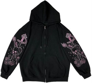 Touz Harajuku Kawaii Pastel Gothic Siyah (Unisex) Fermuarlı Kapşonlu