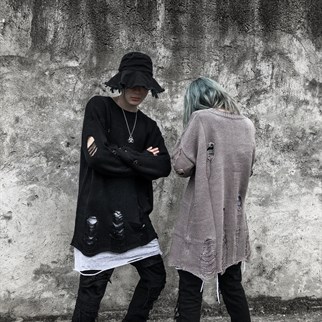 Touz Harajuku Oversize Unisex Yırtıklı Siyah Kazak