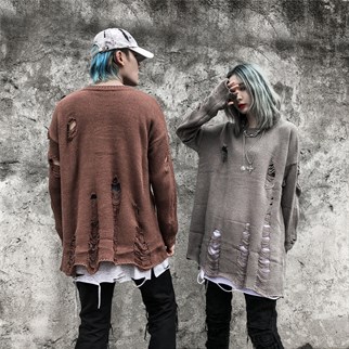 Touz Harajuku Oversize Unisex Yırtıklı Gri Kazak