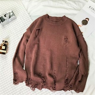 Touz Harajuku Oversize Unisex Yırtıklı Kahverengi Kazak