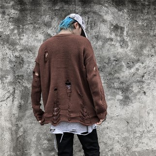 Touz Harajuku Oversize Unisex Yırtıklı Kahverengi Kazak