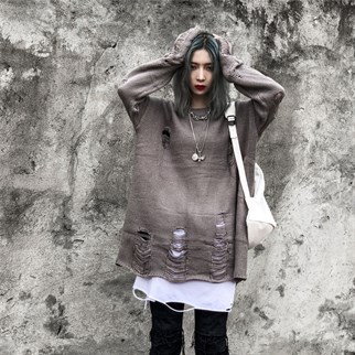 Touz Harajuku Oversize Unisex Yırtıklı Gri Kazak