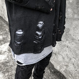 Touz Harajuku Oversize Unisex Yırtıklı Siyah Kazak