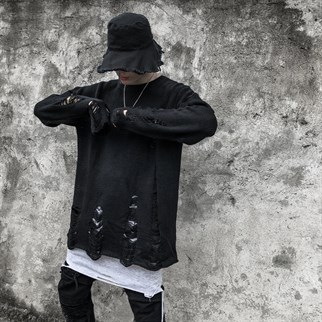 Touz Harajuku Oversize Unisex Yırtıklı Siyah Kazak