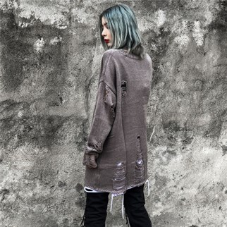 Touz Harajuku Oversize Unisex Yırtıklı Gri Kazak