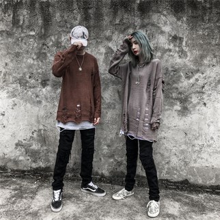Touz Harajuku Oversize Unisex Yırtıklı Kahverengi Kazak