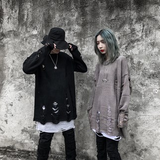 Touz Harajuku Oversize Unisex Yırtıklı Siyah Kazak