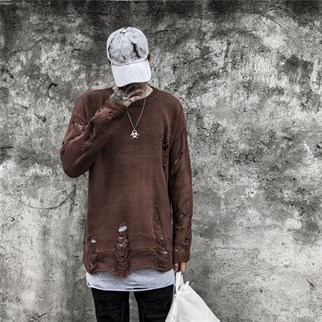 Touz Harajuku Oversize Unisex Yırtıklı Kahverengi Kazak