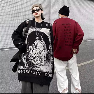 Touz Harajuku Priest Salvation Printed Siyah Unisex Yırtıklı Triko Kazak