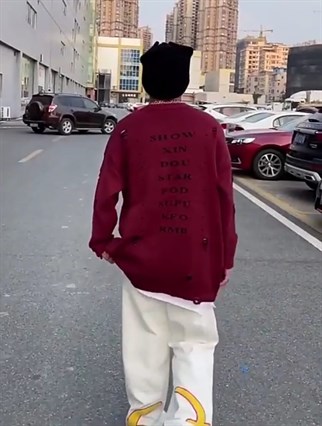 Touz Harajuku Priest Salvation Printed Bordo Unisex Yırtıklı Triko Kazak