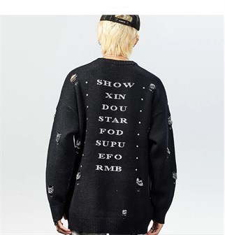 Touz Harajuku Priest Salvation Printed Siyah Unisex Yırtıklı Triko Kazak