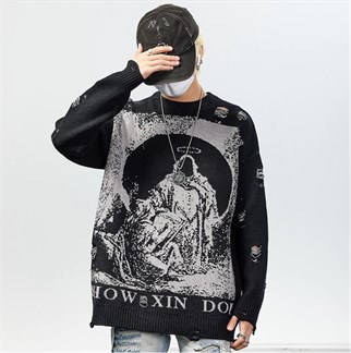Touz Harajuku Priest Salvation Printed Siyah Unisex Yırtıklı Triko Kazak