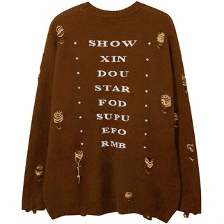 Touz Harajuku Priest Salvation Printed Kahverengi Unisex Yırtıklı Triko Kazak