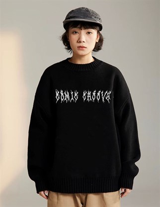 Touz Harajuku Siyah Tribal Ön Arka İşlemeli Oversize Unisex Kazak