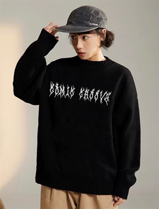 Touz Harajuku Siyah Tribal Ön Arka İşlemeli Oversize Unisex Kazak
