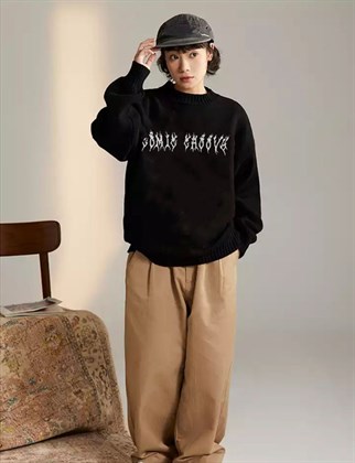 Touz Harajuku Siyah Tribal Ön Arka İşlemeli Oversize Unisex Kazak