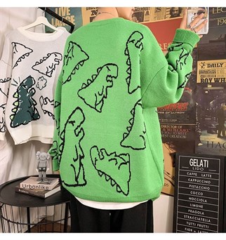 Touz Harajuku Yeşil Dinosarus Oversize Unisex Kazak