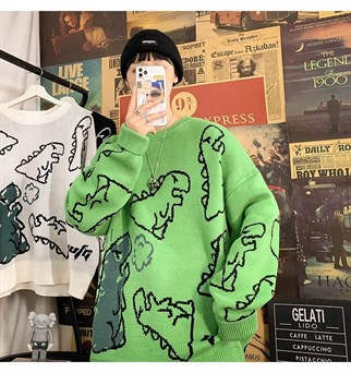 Touz Harajuku Yeşil Dinosarus Oversize Unisex Kazak