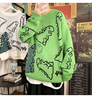 Touz Harajuku Yeşil Dinosarus Oversize Unisex Kazak