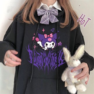 Touz Harujuku Gotik Kuromi Siyah Kapşonlu Sweetshirt