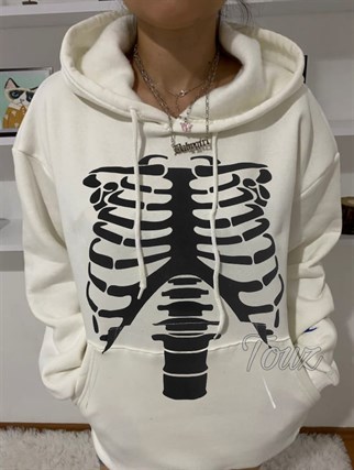 Touz Harujuku Skeleton Beyaz Kapüşonlu Sweetshirt
