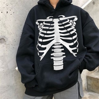 Touz Harujuku Skeleton Siyah Kapüşonlu Sweetshirt